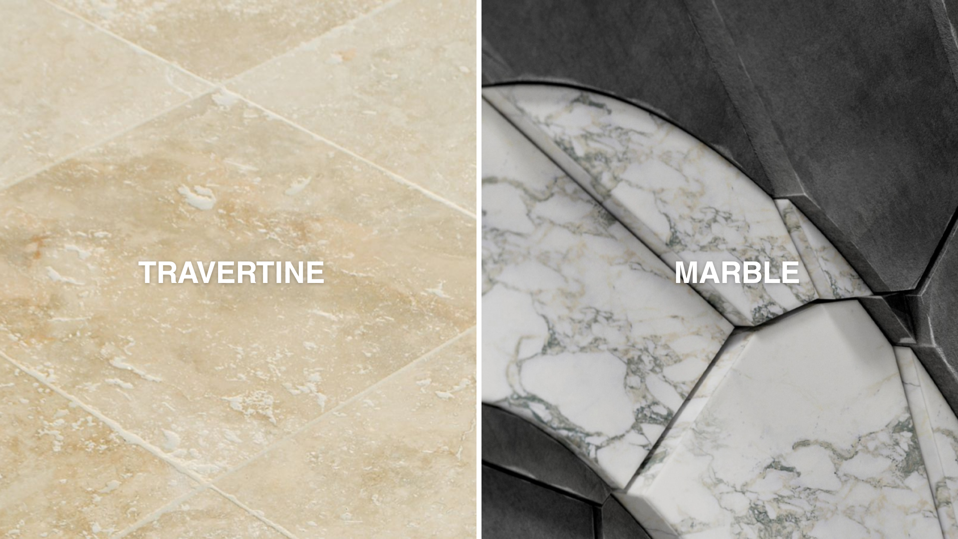 A photo collage of travertine and marble next to each other for comparison available at Cerazur