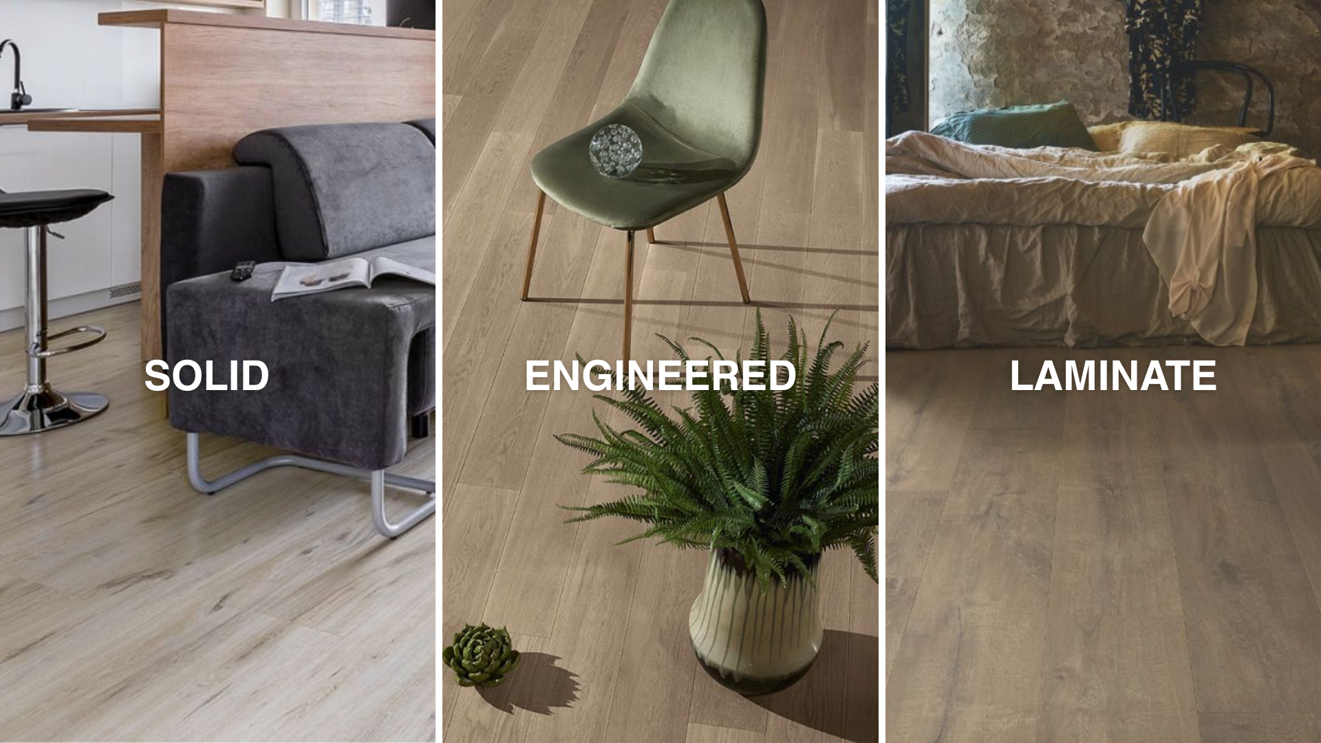 A photo collage of solid, engineered and laminate floorings available at Cerazur